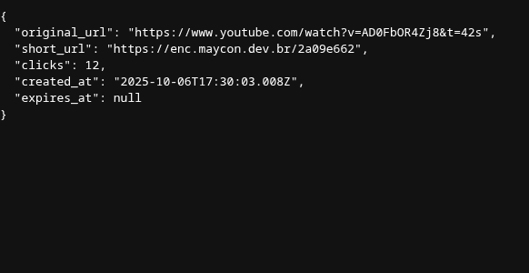 Imagem de um json do projeto Encurtador de URL, onde é possível ver a URL original, a URL encurtada e algumas estatísticas do link.