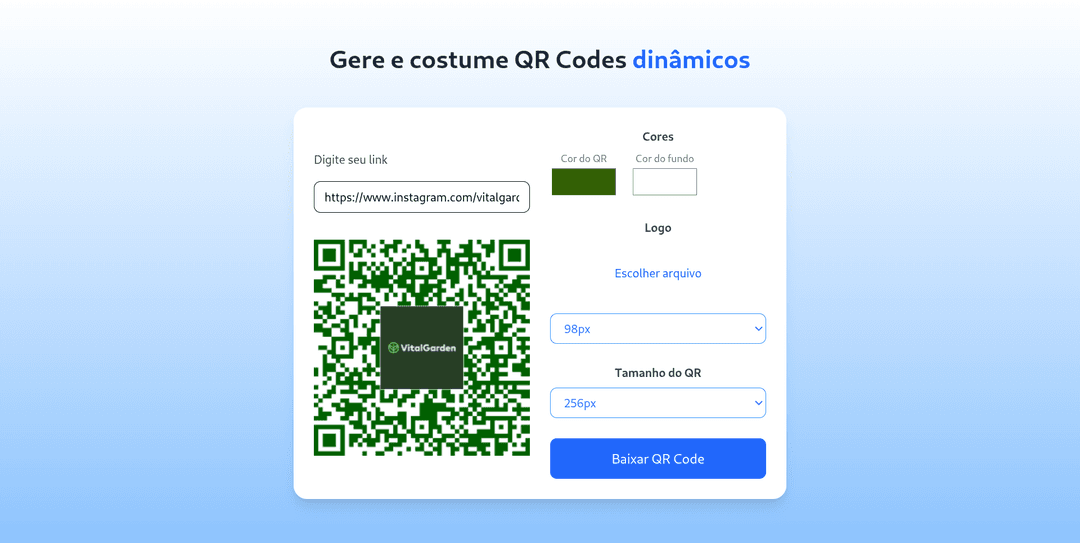 Imagem da página de um gerador de QR code onde mostra o QR code gerado além das costumizações de cor e tamanho que podem ser feito