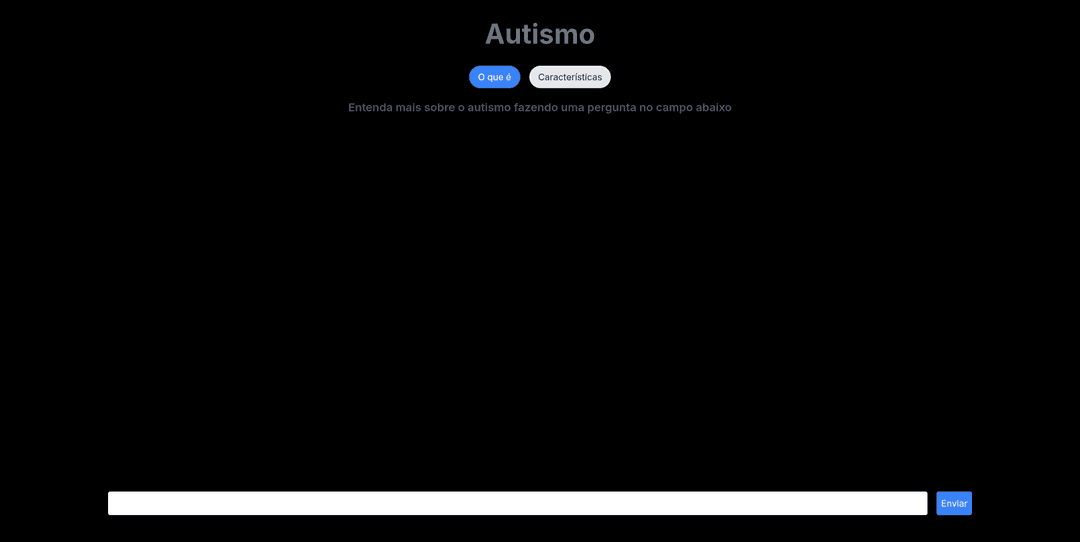 Imagem da tela inicial do projeto IA ajudando autismo. Nessa tela existe um campo onde a pessoa pode digitar um texto e um botão para enviar esse texto para que a IA responda.
